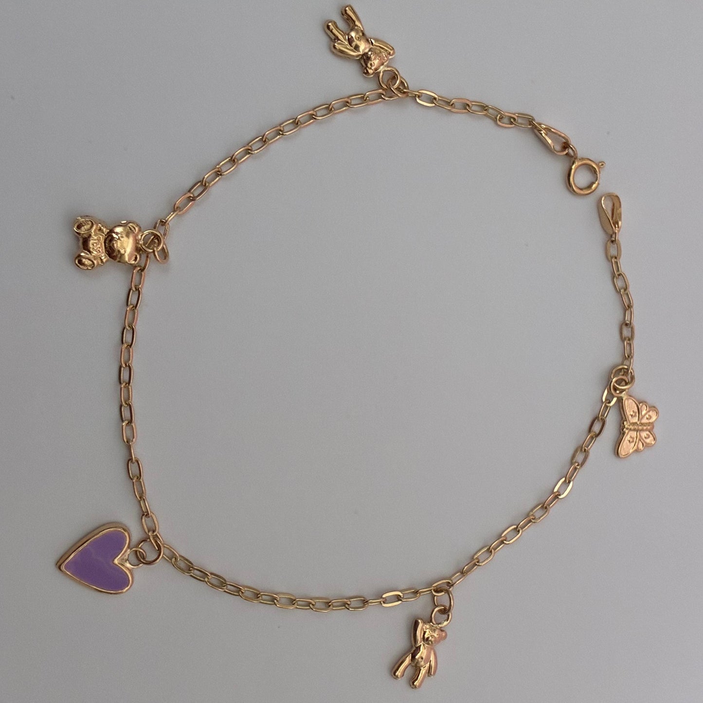 PULSERA DE LOS SUEÑOS CON DIJES OSOS + MARIPOSA + CORAZON ORO AMARILLO COL 18K 19CM - 2,38GR