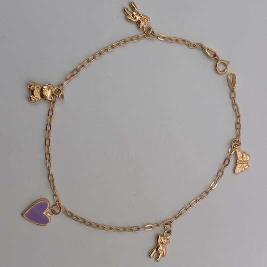 PULSERA DE LOS SUEÑOS CON DIJES OSOS + MARIPOSA + CORAZON ORO AMARILLO COL 18K 19CM - 2,38GR
