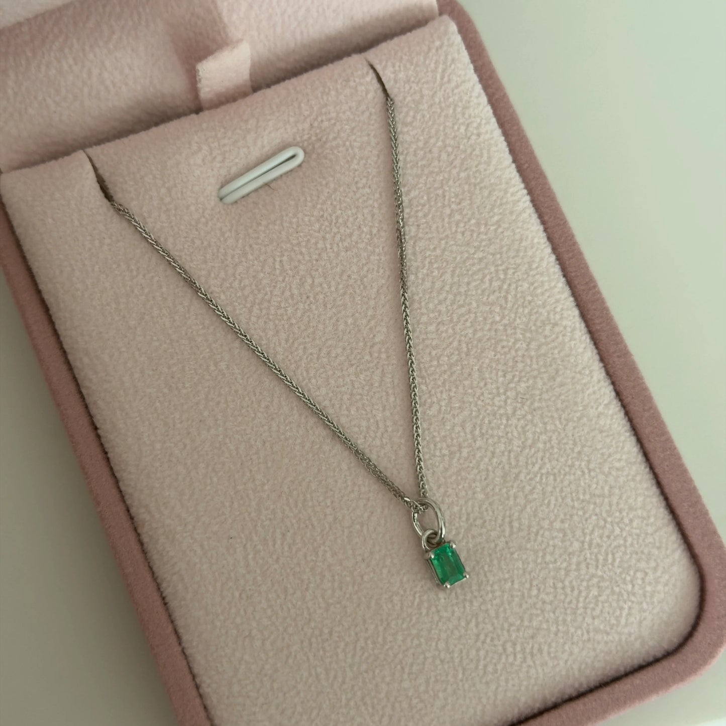 1.1MM MINI FRANCO CHAIN + 3.5MM X 4.6MM NATURAL EMERALD PENDANT 18K WHITE GOLD ITALY 50CM - 2.45GR