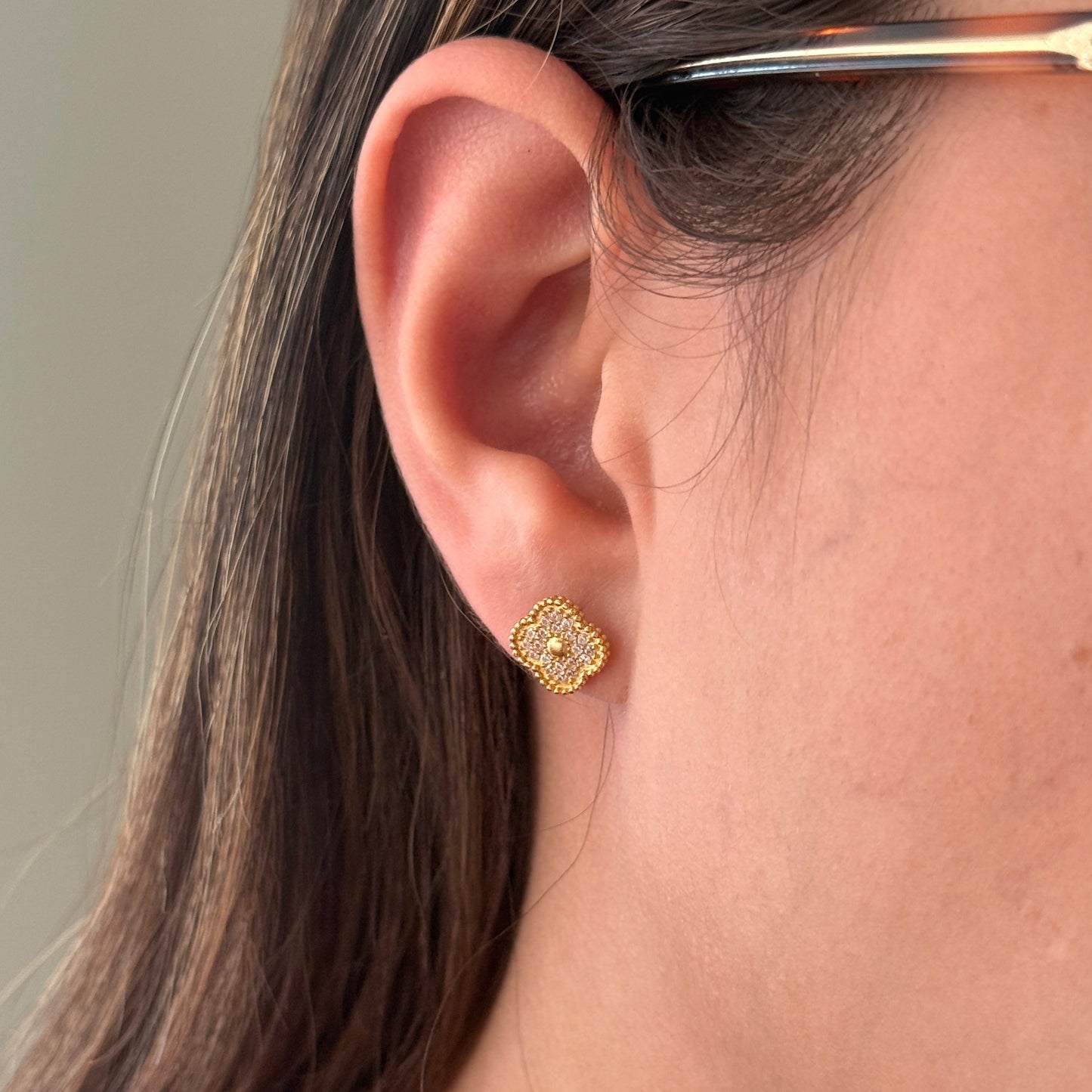 CLOVER EARRINGS WITH WHITE ZIRCONS 10MM 18K YELLOW GOLD - 1.94GR