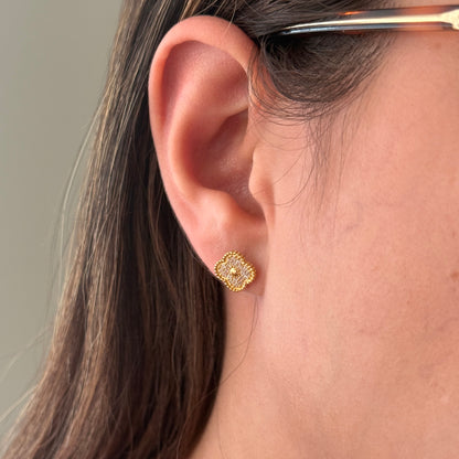 CLOVER EARRINGS WITH WHITE ZIRCONS 10MM 18K YELLOW GOLD - 1.94GR
