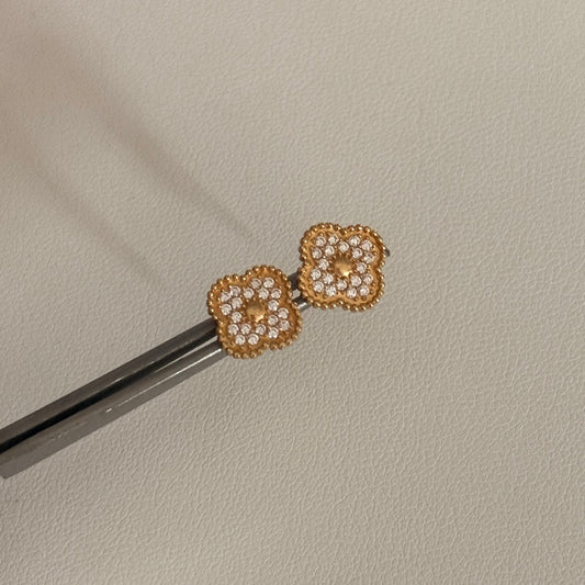 CLOVER EARRINGS WITH WHITE ZIRCONS 10MM 18K YELLOW GOLD - 1.94GR