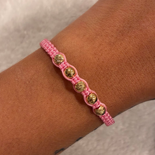 PINK THREAD BRACELET WITH 5 BALLS 5MM SMOOTH/ DIAMOND 18K YELLOW GOLD - 0.56GR