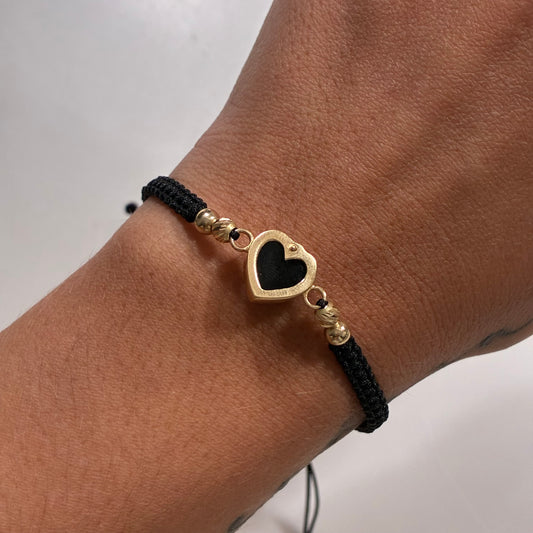BLACK THREAD BRACELET WITH HEART CHARM + BLACK STONE + 4 BEADS 4M 18K YELLOW GOLD - 1.7GR