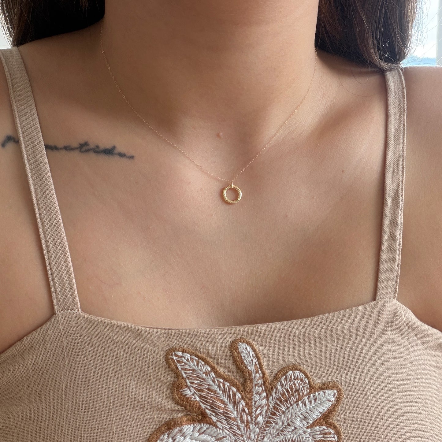 MINI ROLON CHAIN + BRAIDED CIRCLE PENDANT YELLOW GOLD ITALY ESP 18K 40CM - 0.72GR