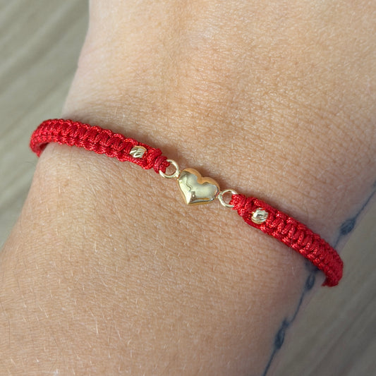 PULSERA HILO ROJO CORAZON LISO + 2 BOLAS DIAMANTADAS 3MM ORO AMARILLO COL 18K - 0,45GR
