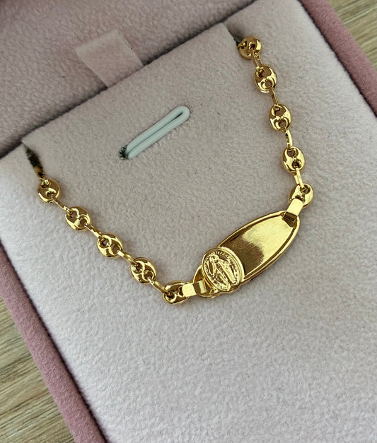 PULSERA GRANO DE CAFÉ VIRGEN DE LA MILAGROSA 3.7MM ORO AMARILLO COL 18K 14CM - 1.92GR