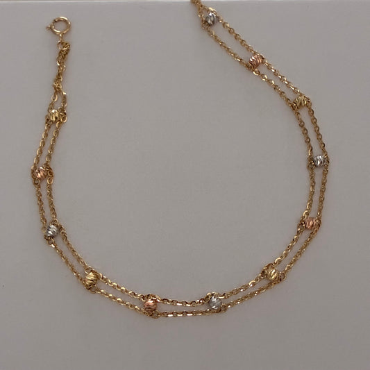 TOBILLERA MINI ROLON + BOLAS DIAMANTADAS TRES OROS ITALY 18K 23CM - 25,5CM -  3,0GR