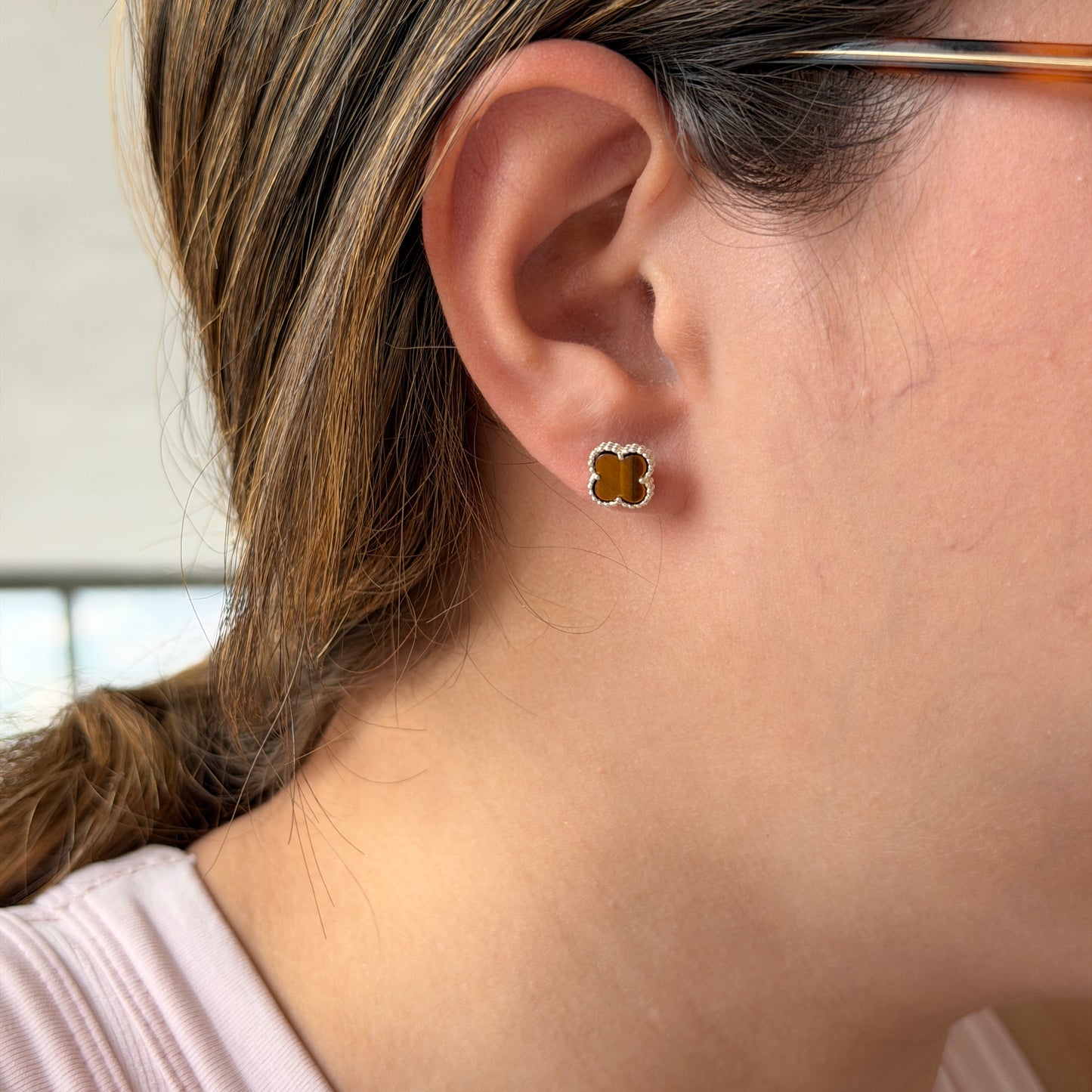 MINI CLOVER STUDS TIGER'S EYE STONE 925 SILVER