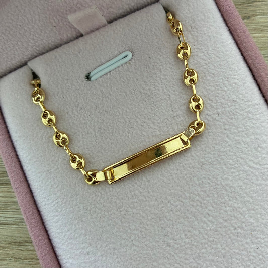 PULSERA GRANO DE CAFÉ PLACA BORDEADA 3.7MM ORO AMARILLO COL 18K 14CM - 1.83GR