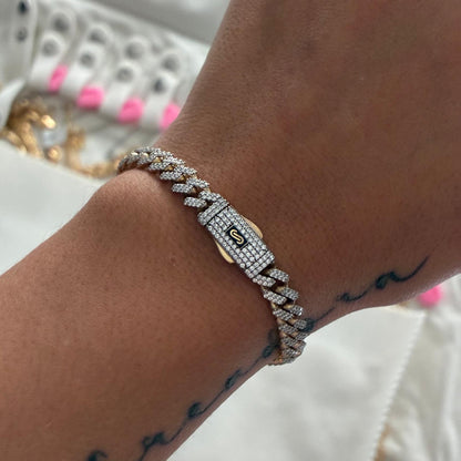 PULSERA CUBANA MONACO 5.5MM PIEDRAS BLANCAS ORO AMARILLO ITALIANO ESP 18K - 20CM 11,63GR