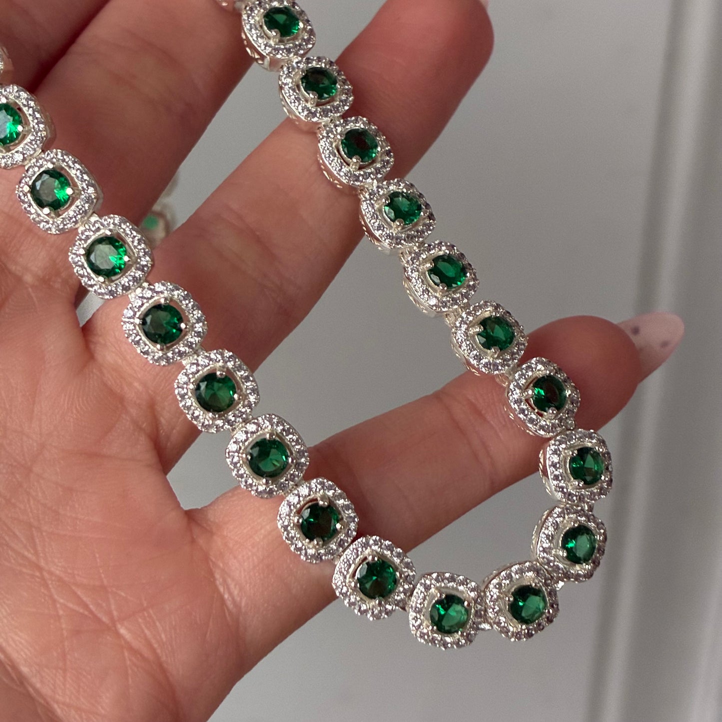 CADENA PRINCESS PIEDRAS BLANCAS Y VERDES 8MM PLATA 925 - 45CM