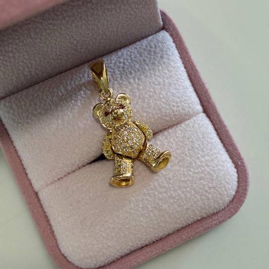 Articulated Bear Pendant with Bow Tie and Brown Eyes, 2.9cm, 18K Yellow Gold - 4.64g