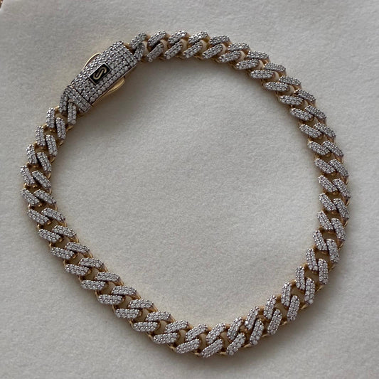 PULSERA CUBANA MONACO 5.5MM PIEDRAS BLANCAS ORO AMARILLO ITALIANO ESP 18K - 20CM 11,63GR