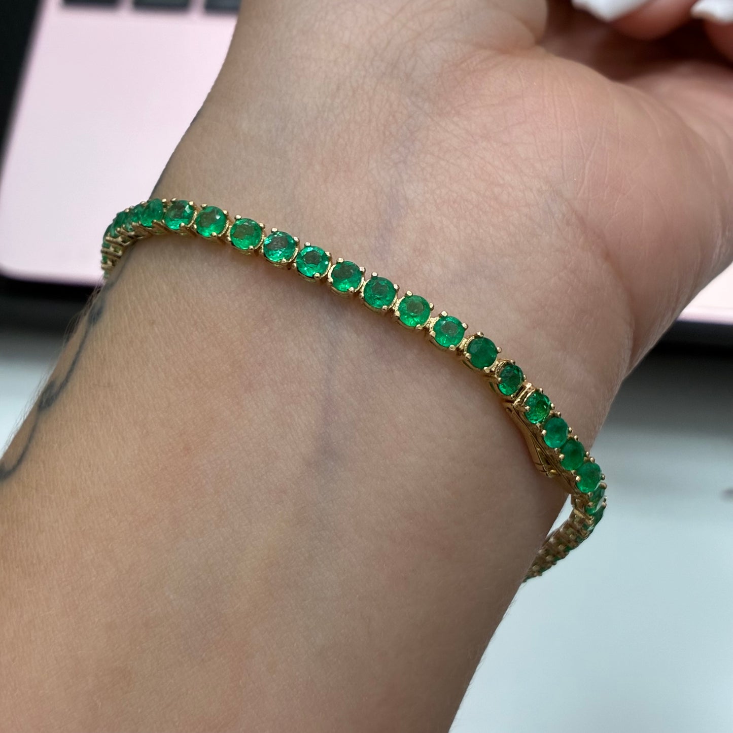 TENNIS BRACELET 3MM NATURAL EMERALDS 4.50CTS 18K YELLOW GOLD 18.5CM - 8.63GR