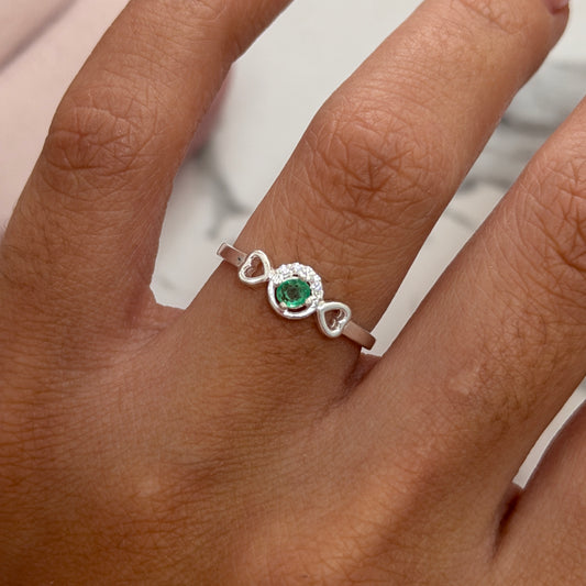 Hearts Ring with White Stones, 925 Sterling Silver + Natural Emerald, Size 6