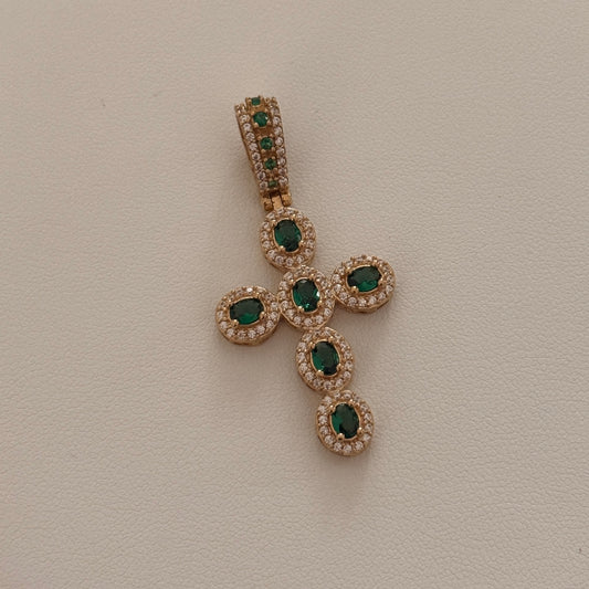 DIJE CRUZ CIRCONES VERDES - BLANCOS 4.3CM ORO AMARILLO 18K 5,0GR