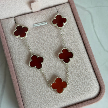 PULSERA 5 TREBOLES PIEDRA ROJA PLATA 925 - 18CM