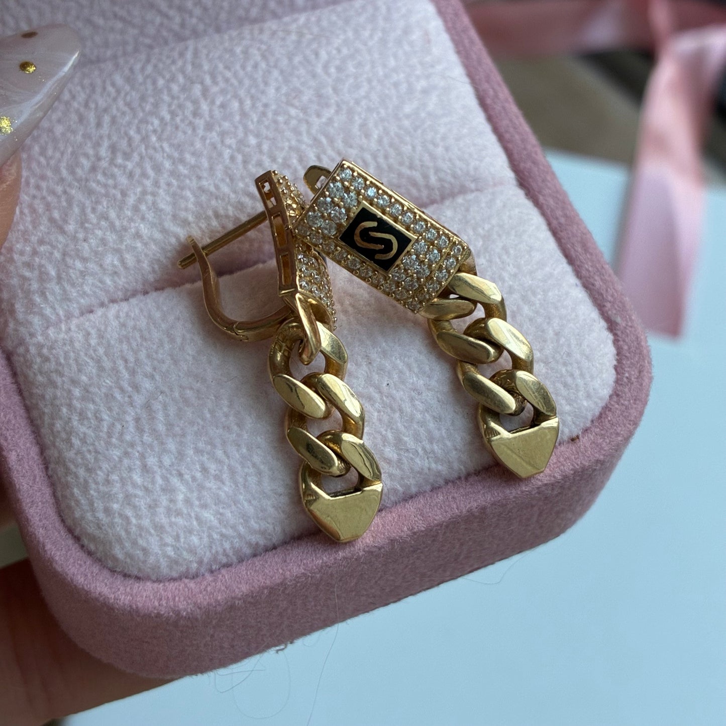 MONACO CUBAN STYLE HOOP EARRINGS WHITE STONES YELLOW GOLD 18K ITALY - 4.87GR