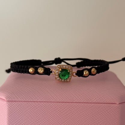BLACK THREAD BRACELET WITH SQUARE HARDWARE, GREEN - WHITE ZIRCON + 4 BALLS, 4M, 18K YELLOW GOLD - 1.72GR