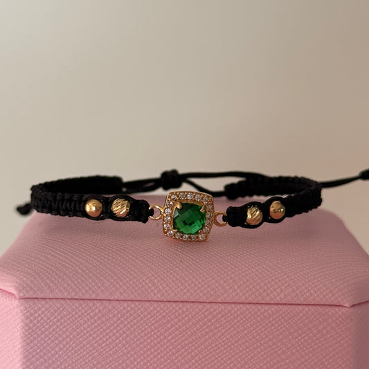 BLACK THREAD BRACELET WITH SQUARE HARDWARE, GREEN - WHITE ZIRCON + 4 BALLS, 4M, 18K YELLOW GOLD - 1.72GR