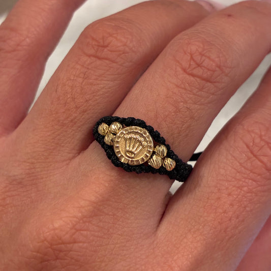 BLACK THREAD RING WITH CROWN CHARM + 6 DIAMOND-CUT BEADS 18K YELLOW GOLD - ADJUSTABLE SIZE 0.56GR