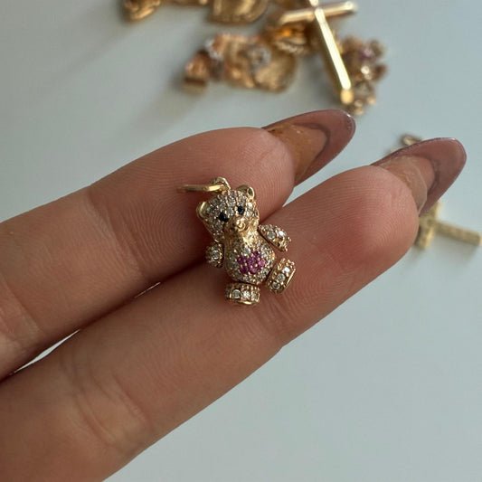 DIJE MINI OSO ARTICULADO OJOS NEGROS PIEDRAS BLANCAS CON CORAZON 1.9CM ORO AMARILLO COL 18K - 2,56GR
