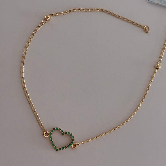TOBILLERA CUBANA + CORAZON PIEDRAS VERDES ORO AMARILLO 18K - 24,5CM - 1,84GR