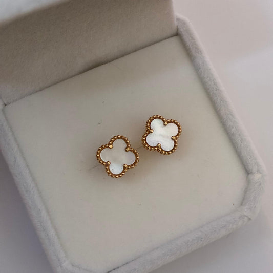 9MM CLOVER STUDS WHITE STONE YELLOW GOLD COL 18K - 1.24GR