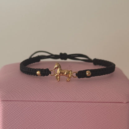 BLACK THREAD BRACELET WITH HORSE FITTINGS + 2 3M 18K YELLOW GOLD BALLS 0.6GR