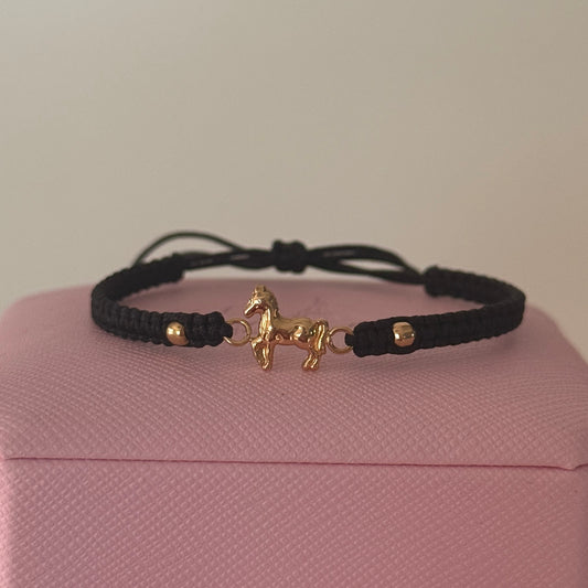 BLACK THREAD BRACELET WITH HORSE FITTINGS + 2 3M 18K YELLOW GOLD BALLS 0.6GR