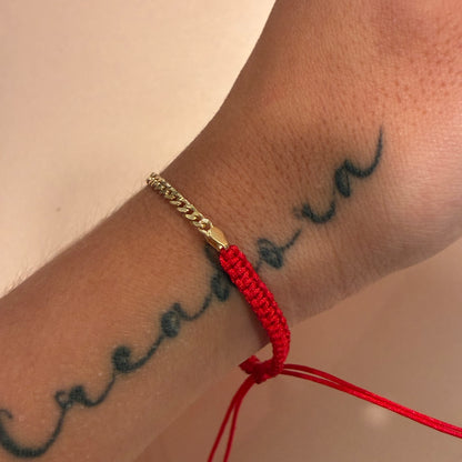 CUBAN STYLE RED THREAD BRACELET 18K YELLOW GOLD - 1.5GR