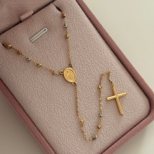 ROSARIO DIAMANTADO VIRGEN MILAGROSA Y CRUZ LISA 2M TRES OROS ITALY 18K 48CM - 5,62GR