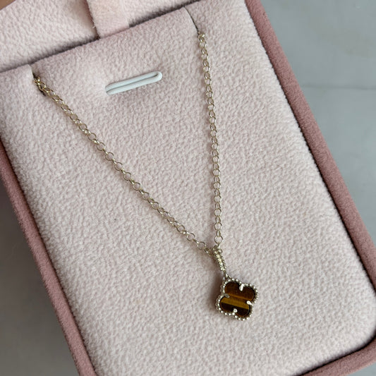 CADENA MINI ROLON + DIJE MINI TREBOL OJO DE TIGRE PLATA 925 - 45CM