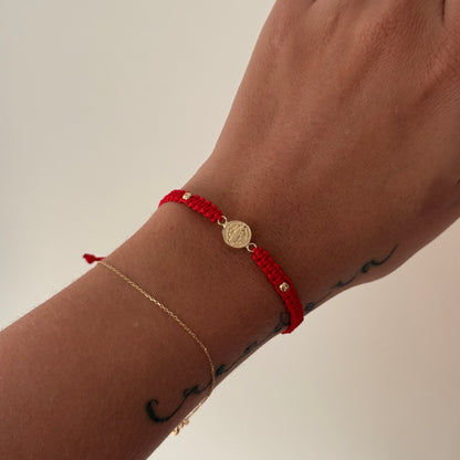 SAN BENITO RED THREAD BRACELET + 2 3M 18K YELLOW GOLD BALLS 0.55GR