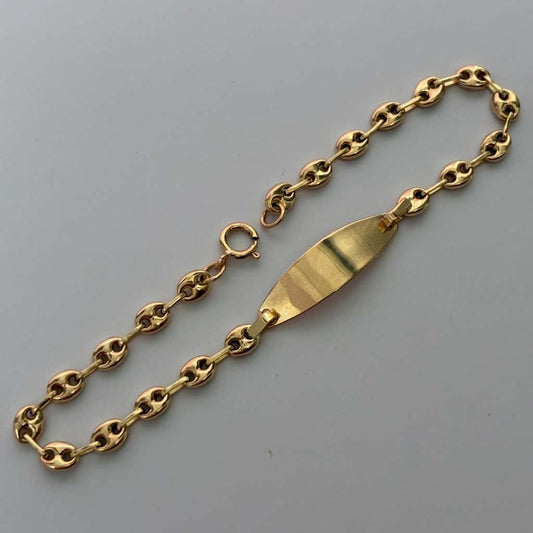 PULSERA PARA BEBE GRANO DE CAFE + PLACA LISA OVALADA ORO AMARILLO COL ESP 18K 14CM - 1,53GR