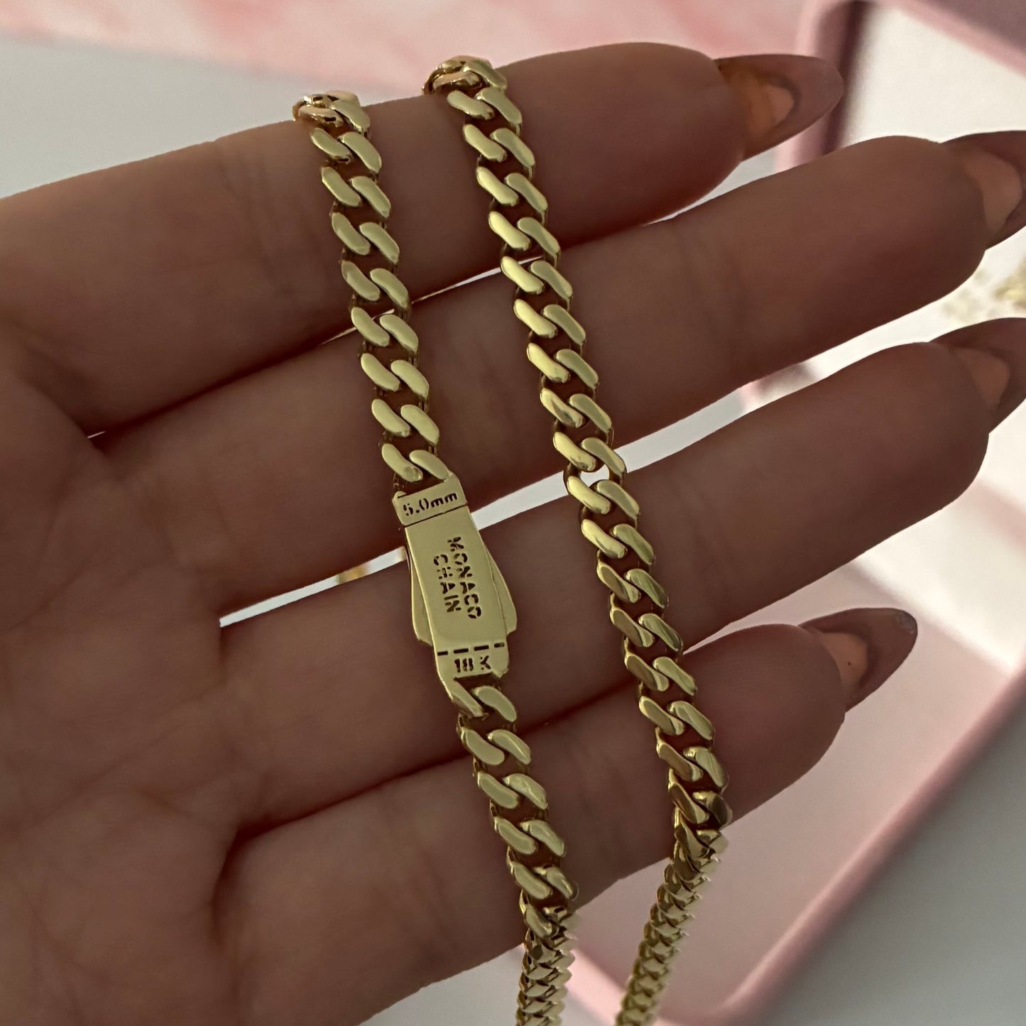 CADENA CUBANA MONACO LISA + BROCHE PIEDRAS BLANCAS 5MM ORO AMARILLO ITALY 18K 45CM - 13,68GR