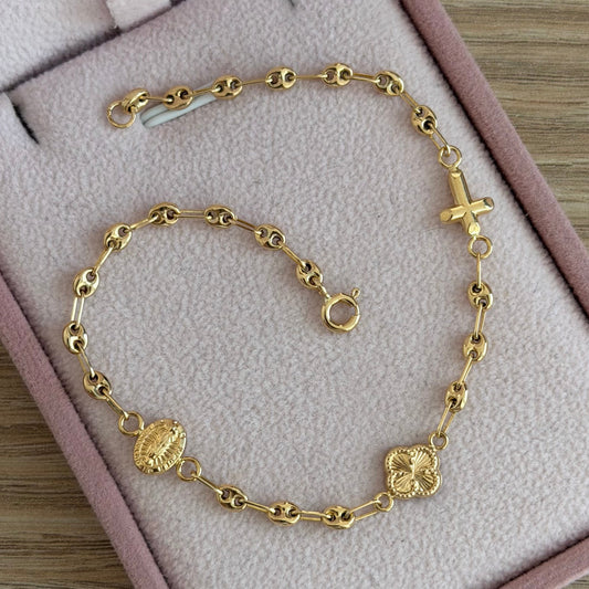 3MM PLAIN COFFEE BEAN BRACELET + VIRGIN, CLOVER AND CROSS CHARMS 18K YELLOW GOLD 20CM - 2.49GR