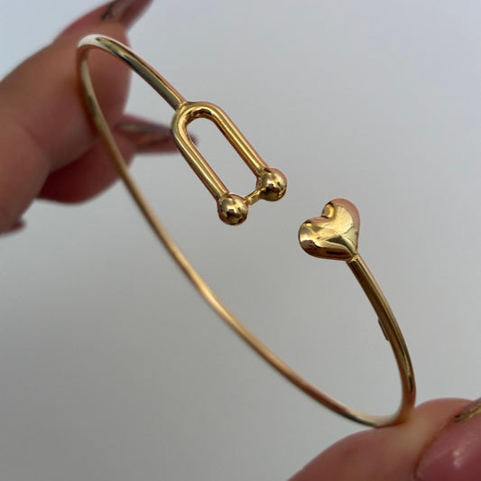 Paper Clip Hoop Bracelet + Plain Heart, 18K Yellow Gold, Italy, Spain, 17cm - 3.34g