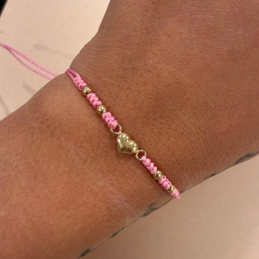 PINK THREAD BRACELET HEART CHARM + 4 SMOOTH 3MM BEADS 18K YELLOW GOLD - 0.5GR