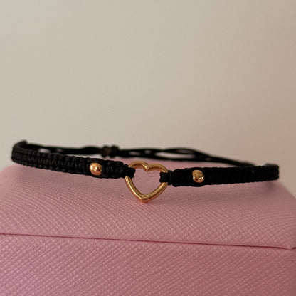 BLACK THREAD BRACELET HEART SILHOUETTE + 2 3M 18K YELLOW GOLD BALLS 0.3GR