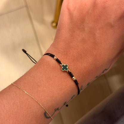 BLACK THREAD BRACELET GREEN CLOVER + 2 DIAMOND BALLS 4M 18K YELLOW GOLD - 0.65GR
