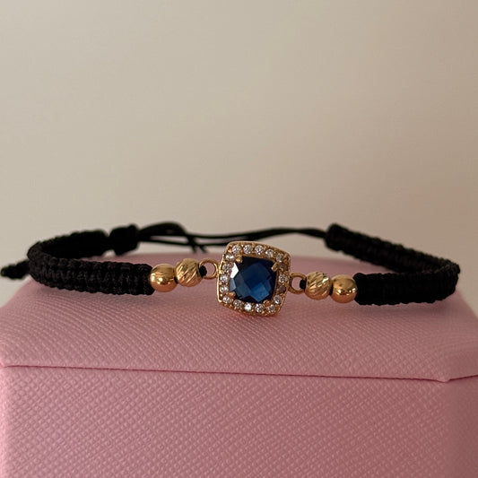 BLACK THREAD BRACELET WITH SQUARE BLUE - WHITE ZIRCON HARDWARE + 4 18K YELLOW GOLD 4M BALLS - 1.72GR
