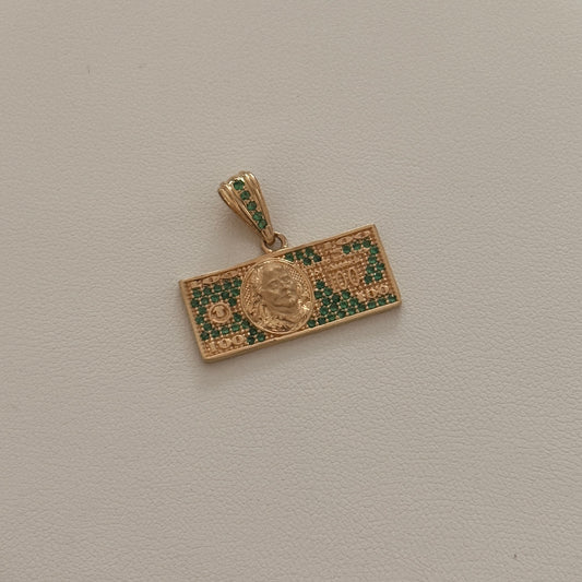 DIJE DOLAR DE $100 CIRCONES VERDES 2,1CM ORO AMARILLO 18K - 3,45GR