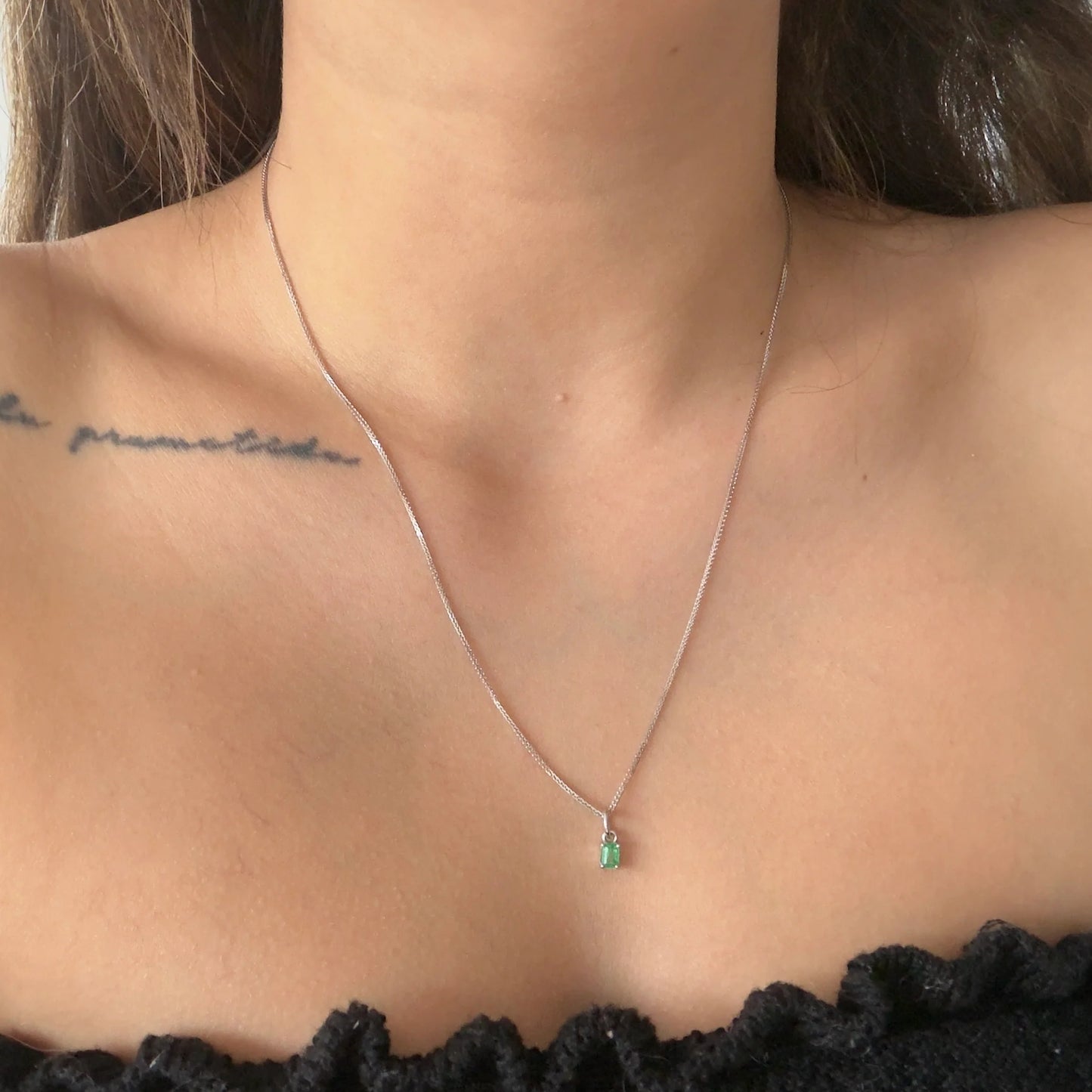 1.1MM MINI FRANCO CHAIN + 3.5MM X 4.6MM NATURAL EMERALD PENDANT 18K WHITE GOLD ITALY 50CM - 2.45GR