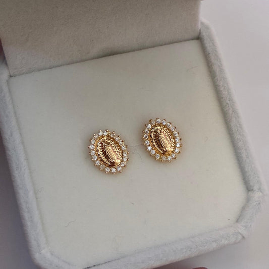 Virgin of Guadalupe stud earrings with white stones, 1cm, 18k yellow gold - 1.4g