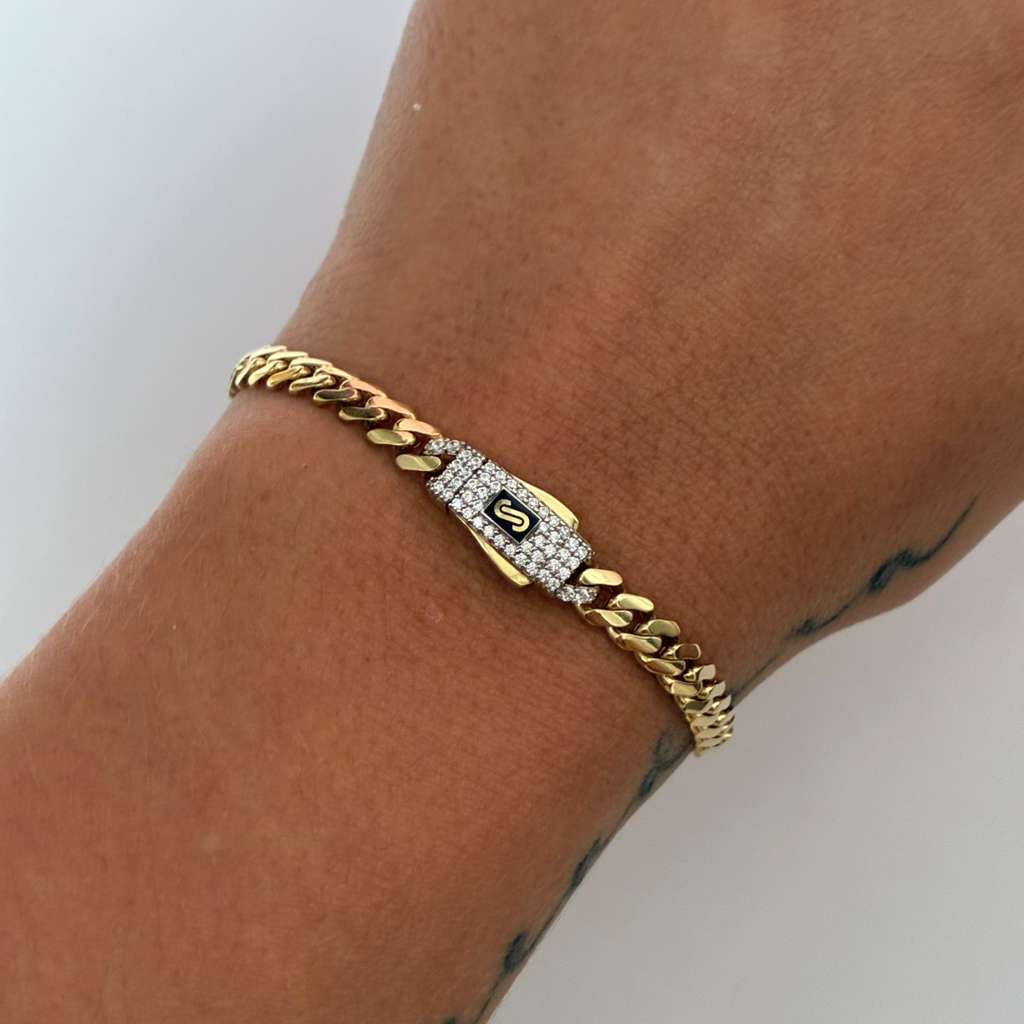 PULSERA CUBANA MONACO LISA + BROCHE PIEDRAS BLANCAS 5MM ORO AMARILLO ITALY 18K 20CM - 7,1GR