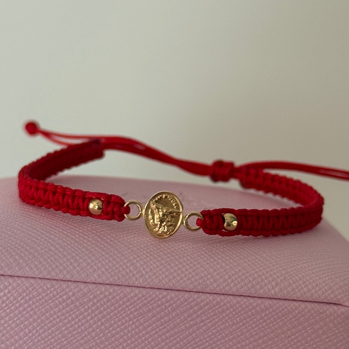 RED THREAD BRACELET SAINT MICHAEL THE ARCHANGEL + 2 3M 18K YELLOW GOLD BALLS 0.45GR