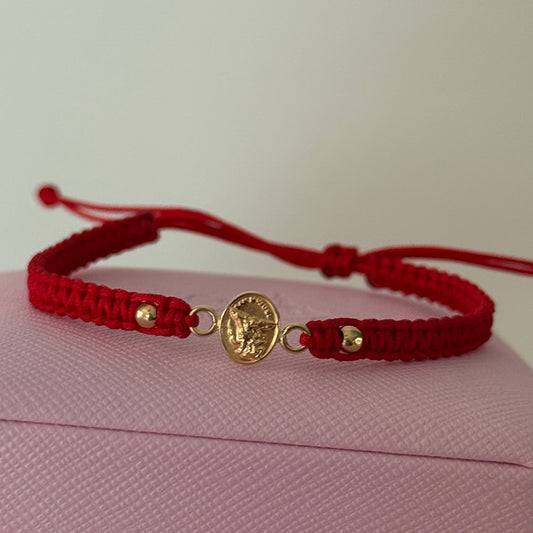 RED THREAD BRACELET SAINT MICHAEL THE ARCHANGEL + 2 3M 18K YELLOW GOLD BALLS 0.45GR