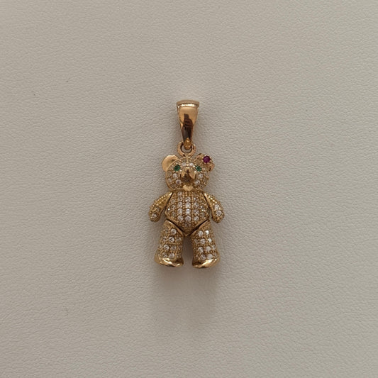DIJE OSO ARTICULADO OJOS VERDES Y MOÑO ROSA CIRCONES BLANCOS 3CM ORO AMARILLO 18K - 4,83GR